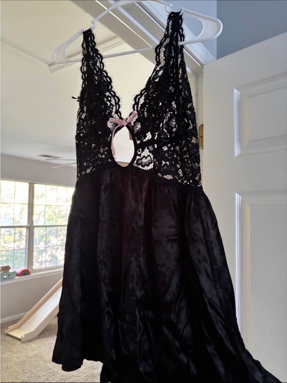 For Love And Lemons Black Lace & Satin Chemise with Pink Bow NEVER WORN